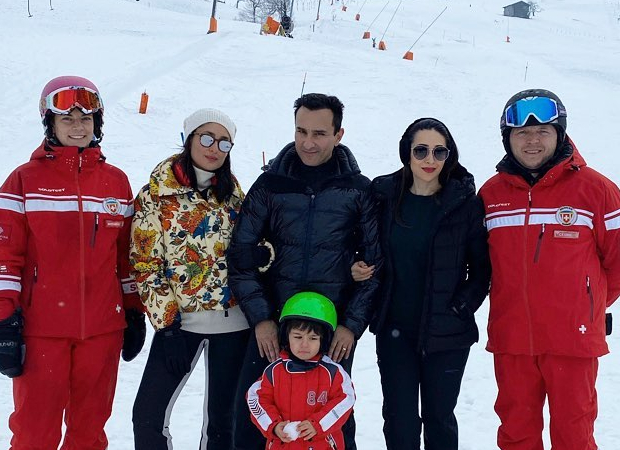 Saif Ali Khan, Kareena Kapoor Khan, Karisma Kapoor pose as they go sledding in Switzerland!