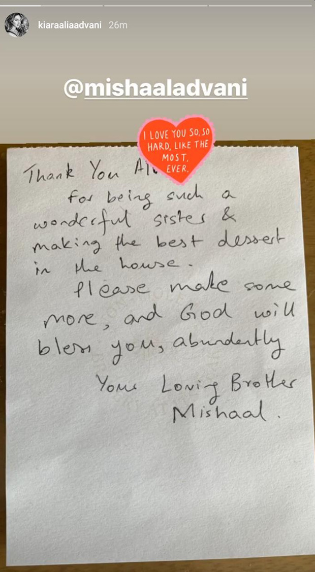 Kiara Advani receives a lovely note from her brother Mishaal for baking appetizing cookies