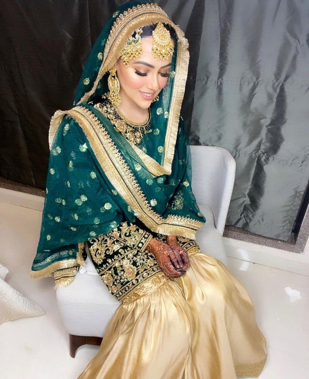 Sana Khan’s teal green and golden gharara is a must-add in your trousseau