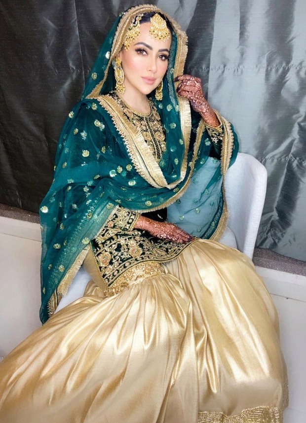 Sana Khan’s teal green and golden gharara is a must-add in your trousseau