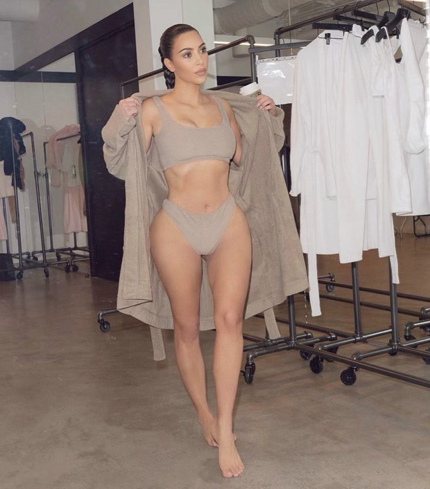 kimkardashian wears the Fits Everybody Triangle Bralette and Thong in Clay  — available now in select sizes at SKIMS.COM. Shop now and