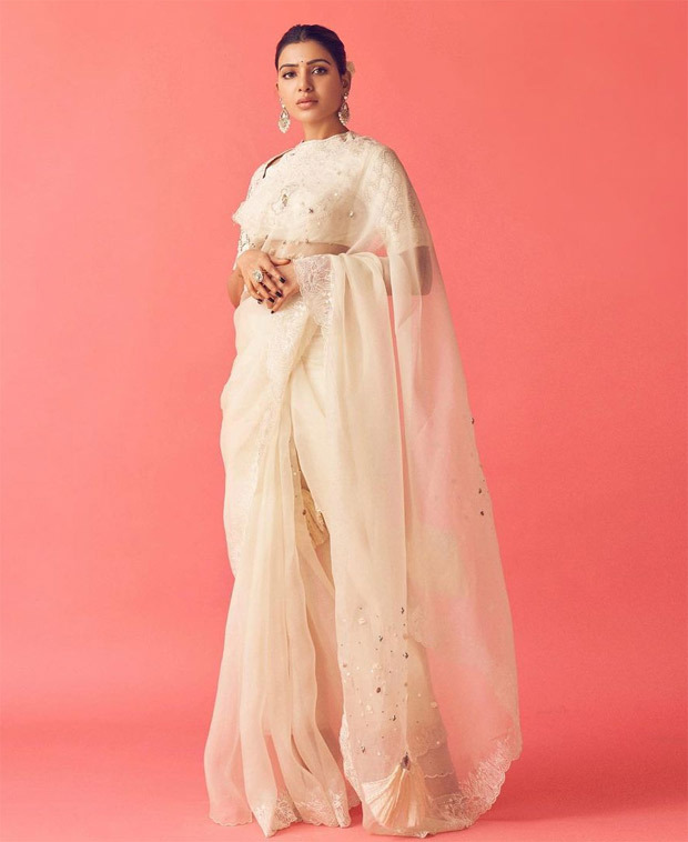 Samantha Akkineni keeps it regal in chanderi saree with coral embroidery for the launch of Shakuntalam Samantha Akkineni keeps it regal in chanderi saree with coral embroidery for the launch of Shakuntalam