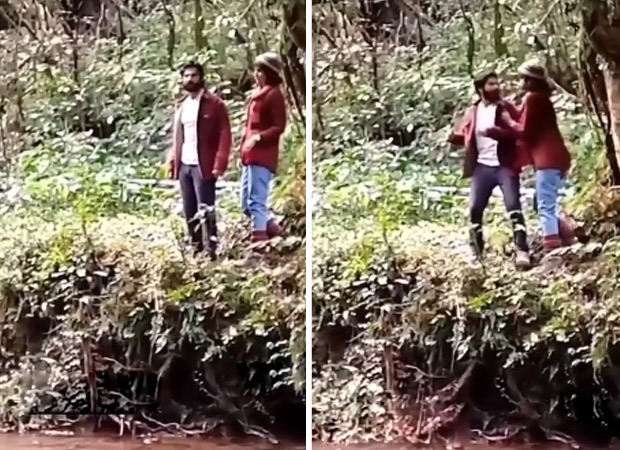 Behind The Scenes Kriti Sanon mock-pushes Varun Dhawan during a scene in Bhediya, saves him in time