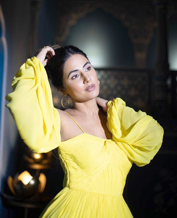 Hina Khan is a ray of sunshine in cold-shoulder yellow summery dress in ‘Pathar Wargi’ song 