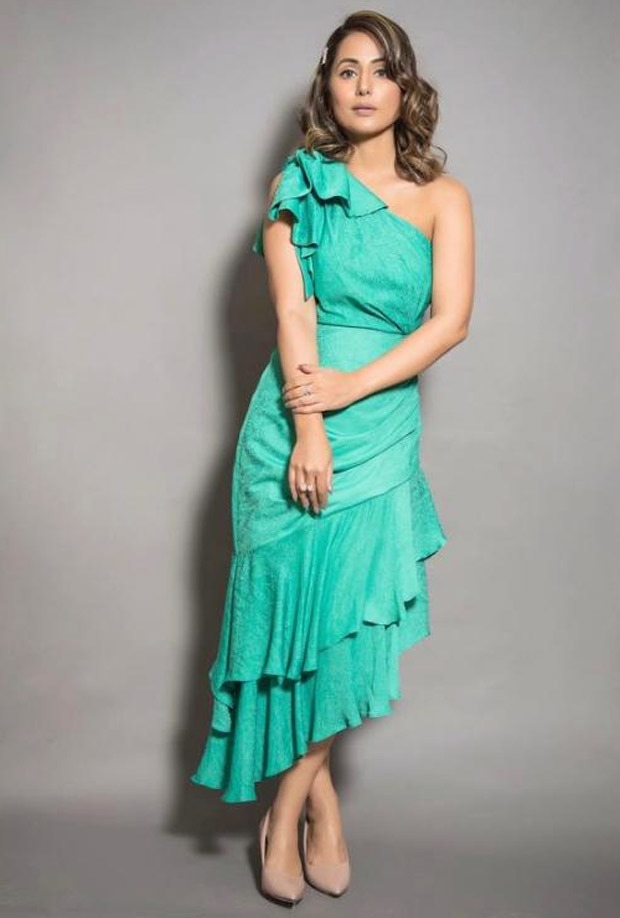hina khan green dress HINA KHAN In Teal Green Printed Cold Shoulder Mini Kaftan main image 1