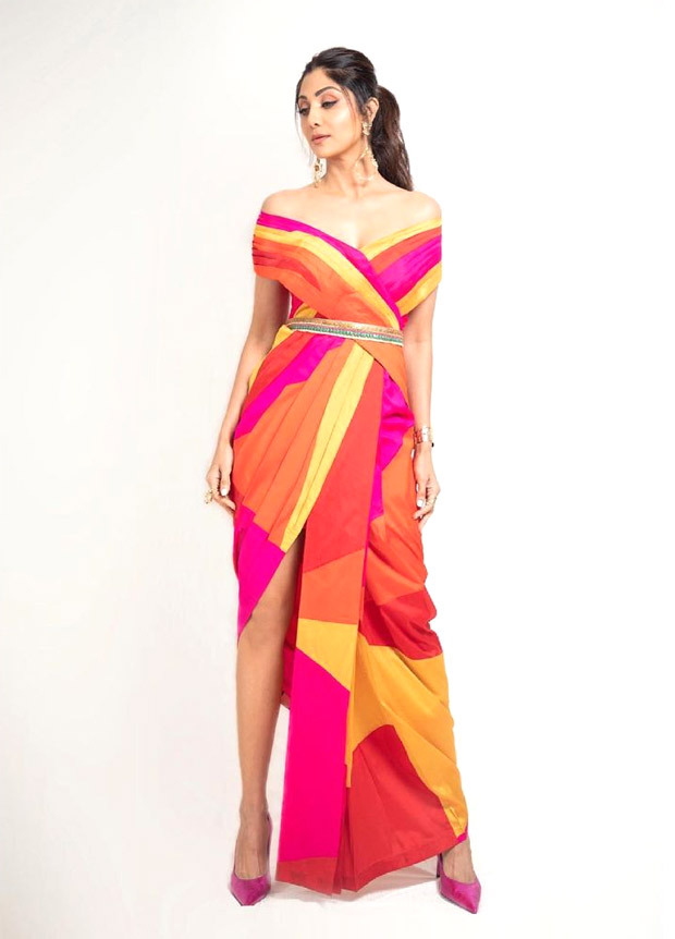 Shilpa Shetty gives notes on how to colour block this summer in thigh high slit pant saree worth Rs. 28500