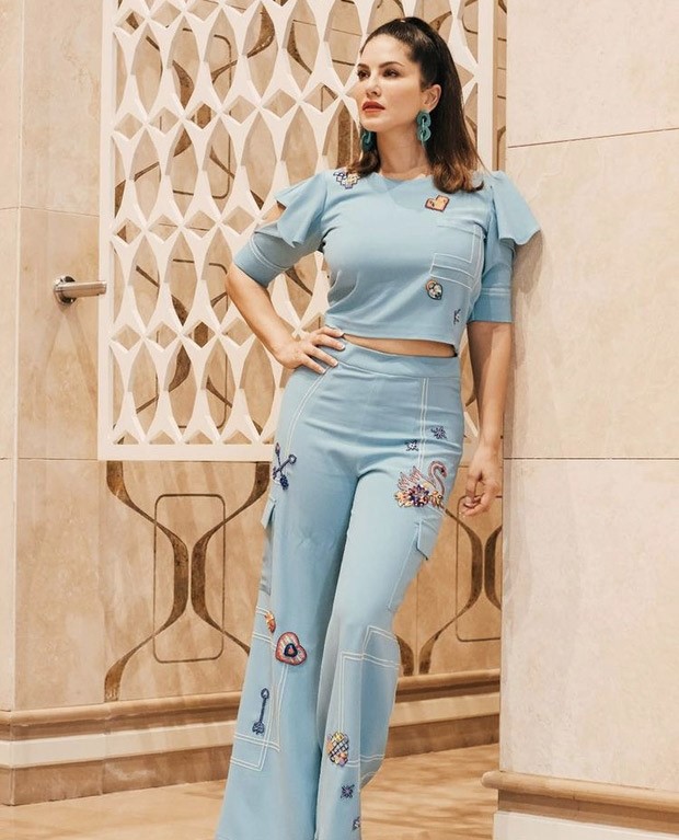 Sunny Leone follows the season or pastels, poses in a trendy blue co-ord set