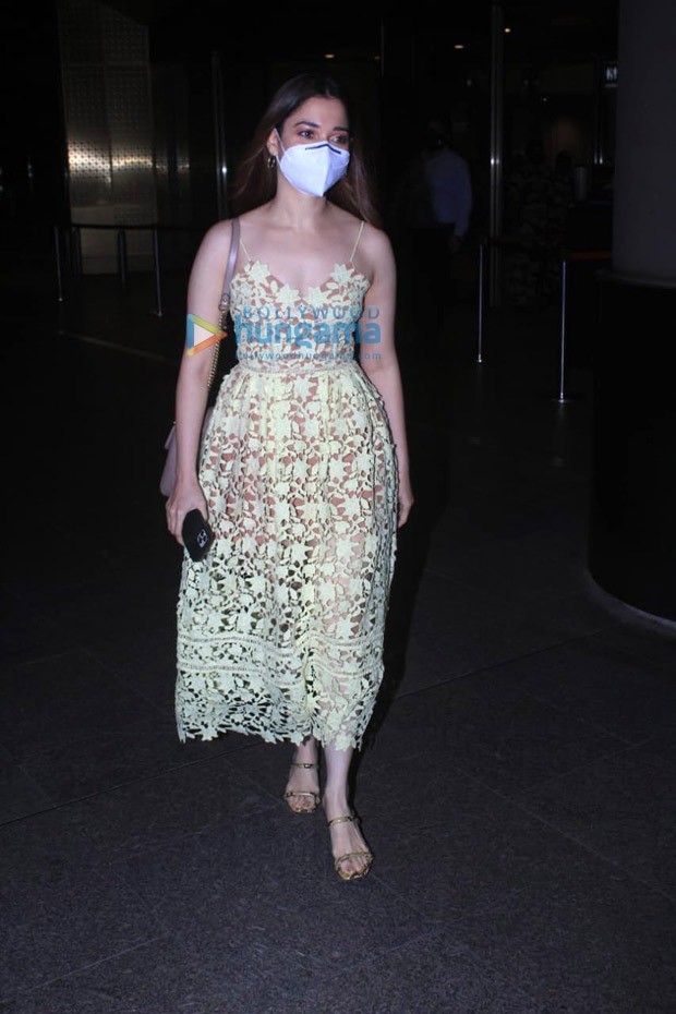 Tamannaah Bhatia arrives in Mumbai in H&M lime yellow lace dress worth Rs. 8237