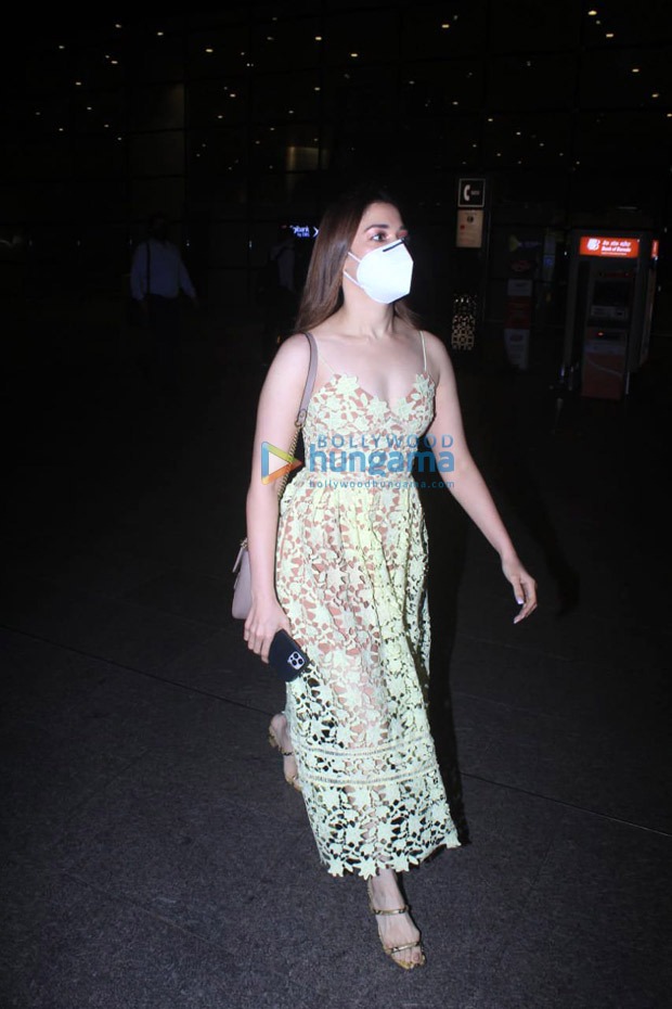 Tamannaah Bhatia arrives in Mumbai in H&M lime yellow lace dress worth Rs. 8237