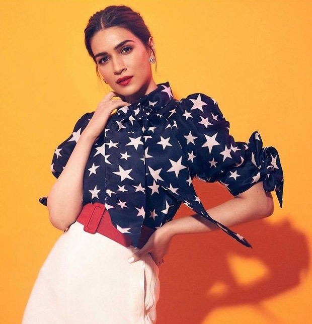 Kriti Sanon dons printed shirt and high waisted pants by Naeem Khan for Mimi promotions Kriti Sanon dons printed shirt and high waisted pants by Naeem Khan for Mimi promotions