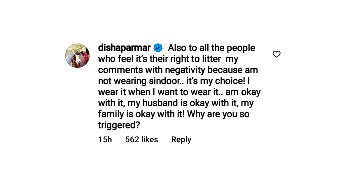 Disha Parmar gives a sassy reply to trolls who attacked her for not applying sindoor; says "It’s my choice" Disha Parmar gives a sassy reply to trolls who attacked her for not applying sindoor; says "It’s my choice"