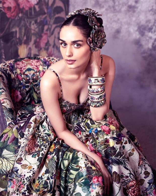 Manushi Chhillar looks enchanting in a floral embroidered bustier and matching gathered long skirt by Rocky Star worth Rs.67,500