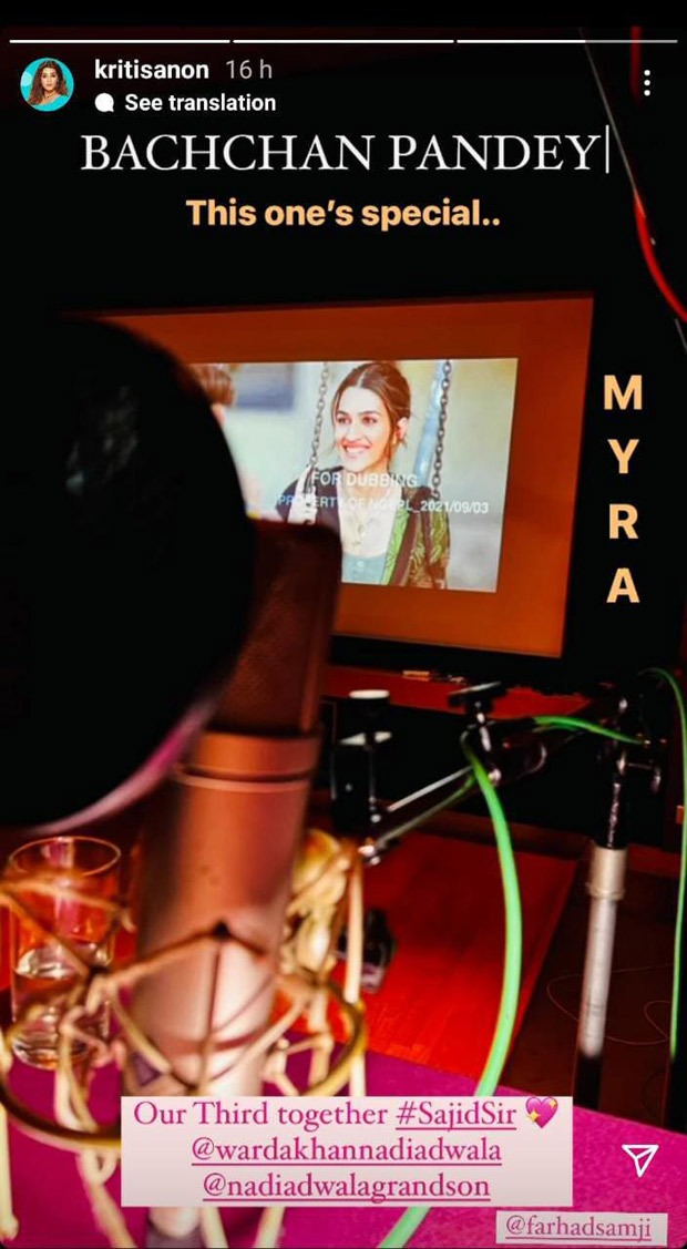 Kriti Sanon shares a glimpse of her character 'Myra' from Bachchan Pandey as she starts dubbing for the film