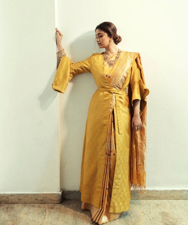 Keerthy Suresh stuns in mustard color resham work saree styled with jacket worth Rs. 38,990