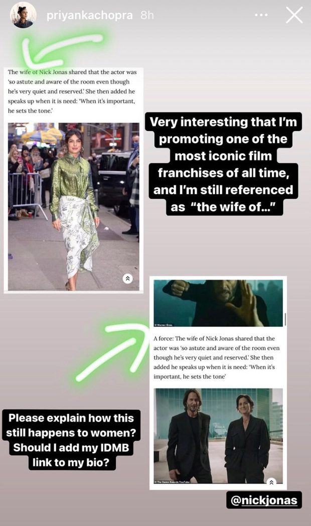 Priyanka Chopra slams a report referencing her as 'wife of Nick Jonas' during The Matrix Resurrections promotions