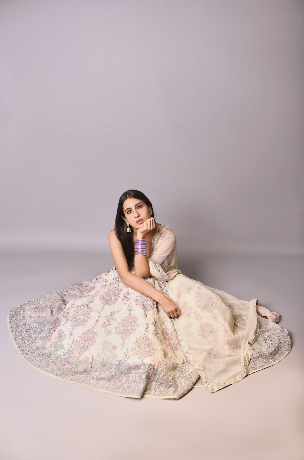Sara Ali Khan is endlessly enchanting in white and pink infused organza silk Anita Dongre lehenga worth Rs. 1.99 lakh for Atrangi Re promotions 