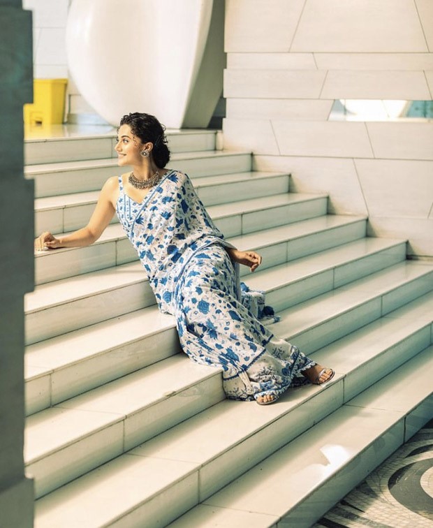 Taapsee Pannu is giving us major saree goals in blue georgette printed saree worth Rs. 9,800 for Shabash Mitthu promotions