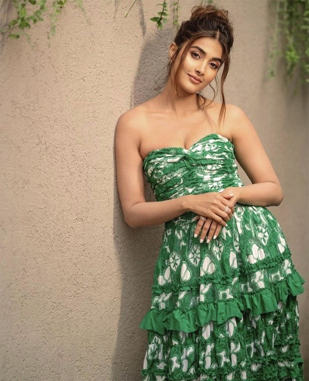 Pooja Hegde's strapless green and white printed dress is a weekend  must-have : Bollywood News - Bollywood Hungama