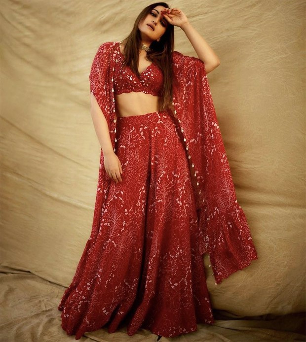 Sonakshi Sinha sparkles in red embellished sharara & cape paired with hand embroidered blouse worth Rs.8 0,000 