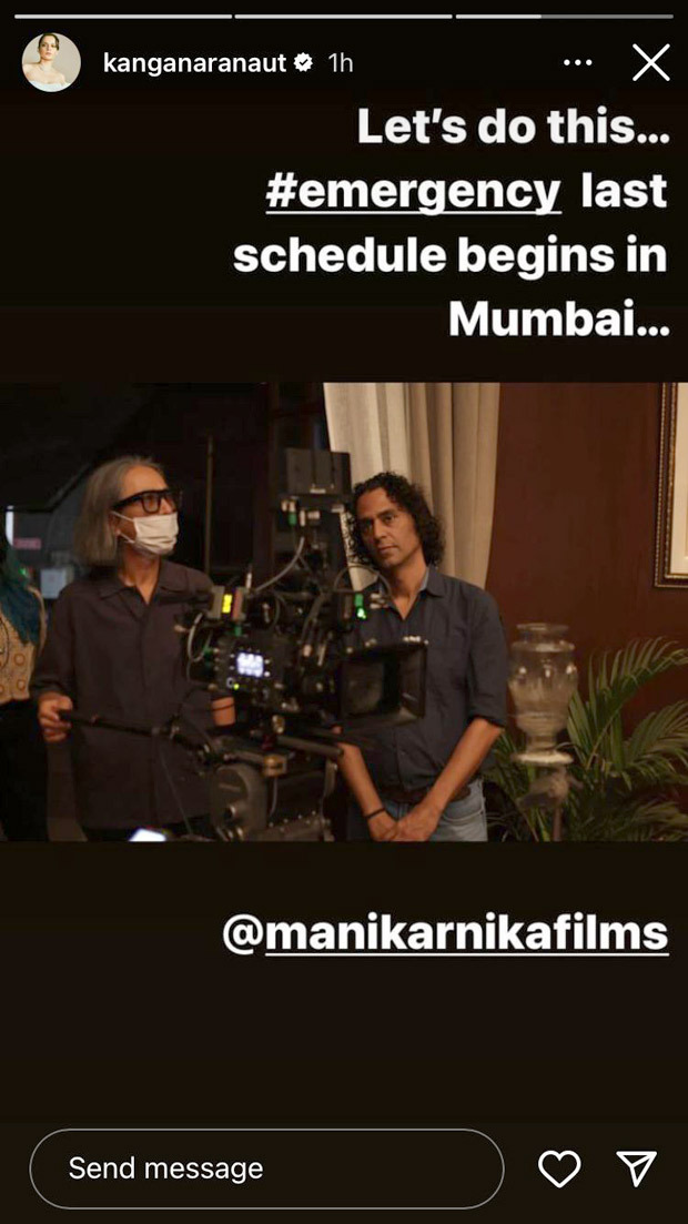 Kangana Ranaut begins filming last schedule of Emergency in Mumbai; shares a pic from the set 