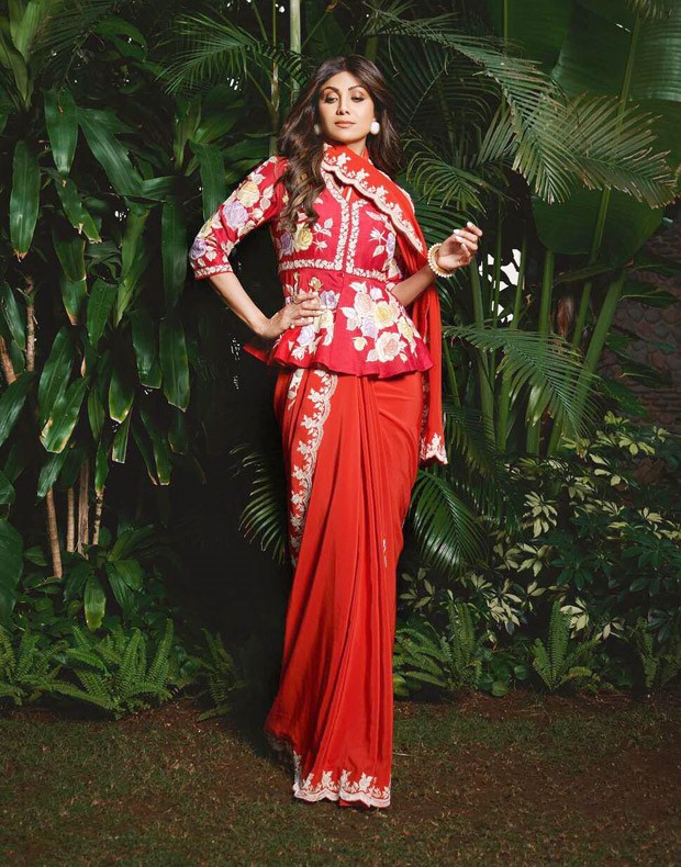 Shilpa Shetty's crimson saree and peplum blouse give ethnic