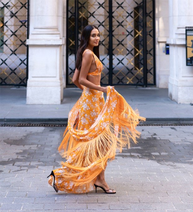 Lisa Haydon Stuns in Arpita Mehta's mango & coconut floral print pleated blouse, tulip skirt & dupatta set Worth Rs. 35,000