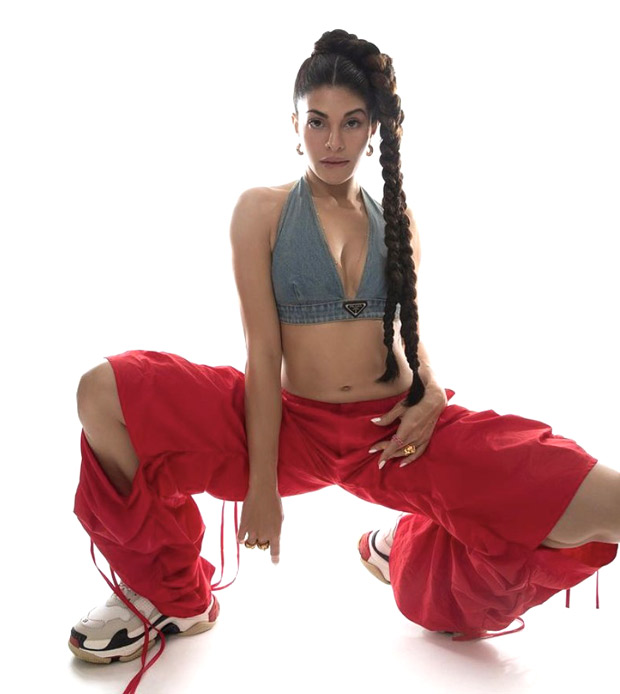 Jacqueline Fernandez goes street style chic in Rs.65K Prada Denim Bralette and red trousers
