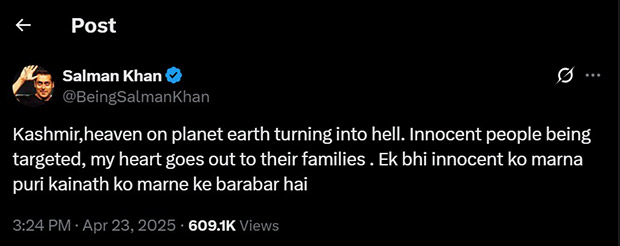 Salman Khan reacts to Pahalgam attack: “Kashmir, heaven on earth turning into hell”