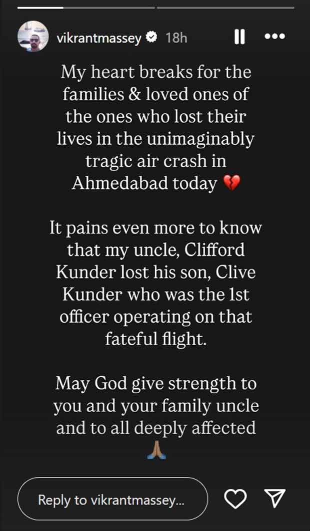 Vikrant Massey mourns family friend lost in Ahmedabad plane crash “It pains me even more to know that my uncle who lost his son”
