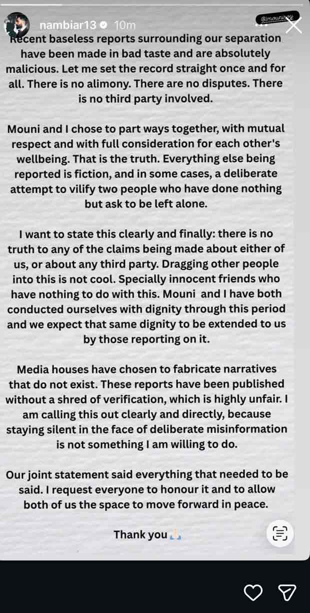Suraj Nambiar slams rumours surrounding his separation with Mouni Roy: “There is no alimony, no disputes, no third party involved”