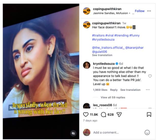 Krystle D'Souza responds to troll criticising her appearance on The Traitors Season 2: “Level up”